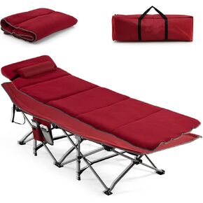 Goplus Camping Cot, Folding Camping Cot with Mattress, Pillow, Carry Bag, Storage Pocket, Camping Bed Military Cot for Home Office Nap Hiking, Heavy-Duty Portable Sleeping Cot for Adults Kids (Grey)