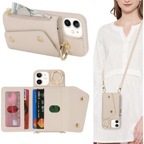 for iPhone 12 Case with Card Holder and Strap - Zipper Pocket,Crossbody Lanyard Strap,Credit Card Holder,Stand Ring,Cute Phone Wallet Case for Women(Beige,6.1 Inch)
