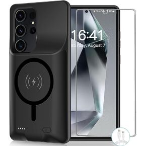 Battery Case for Galaxy S24 Ultra, Powerful 12000mAh Extended Portable Protective Charging Cover Backup Compatible with Galaxy S24 Ultra Wireless Charger Case with 1x Screen Protector & 1x Cable-Black