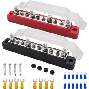 (Red+Black) Power Distribution Terminal Block with Cover with 4 x 1/4"(M6) Terminal Studs,6 x M4 Terminal Screws,150A Battery Bus Bar with Ring Terminals for Car Boat Marine