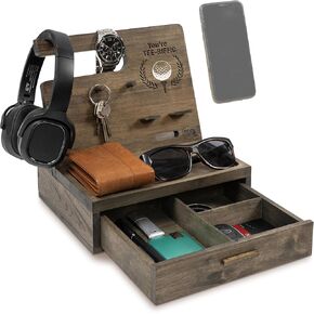 Nightstand Organizer- Rustic Bedside Organizer Makes for Dad Who Wants Nothing - Unique Birthday Gifts for Men to Organize His Bedside Table for Cellphone & Accessories