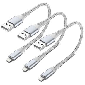 كابل شحن iPhone قصير مقاس 6 بوصات، 3 عبوات بطول 0.5 قدم USB إلى كابل Lightning شاحن iPhone مضفر سلك قصير شحن سريع لهاتف Apple iPhone 14 13 12 11 Pro Max Mini 10 8 7 Plus XR XS MAX SE، AirPods