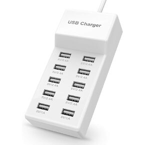 USB Charger USB Wall Charger with Rapid Charging Auto Detect Technology Safety Guaranteed 10-Port Family-Sized Smart USB Ports for Multiple Devices Smart Phone Tablet Laptop Computer
