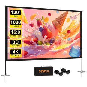 Outdoor-Projector-Screen-with-Stand - 120 inch Portable Projector Screen Indoor Outdoor Projector Screen 16:9 4K HD Lightweight Movie Screen with Carry Bag for Backyard Movie Night