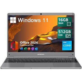 15.6" Windows 11 Laptop, Intel Core i3-5005U, 16GB RAM, 512GB SSD, FHD IPS Display, 2.4G/5G WiFi, BT5.0, RJ45, Webcam, Long Battery Life - for Work, Study, and Entertainment