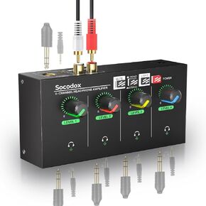 4-Channel Headphone Amplifier 3.5mm/6.35mm/RCA Jacks, Metal Compact Headphone Mixer with 8 Headphone Output Port, Stereo Switch, Mute Function, RGB Light, 5.5x2.76x1.2 inch