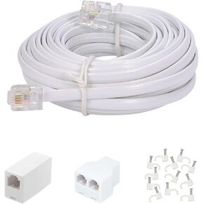 Long Telephone Extension Cord 20FT, White, Phone Cable Line Wire with Standard RJ11 Plug, 1 Phone Line Splitter, 1 in-line Coupler and 15 Cable Clip Holders for Telephone Calling Communication