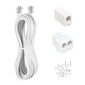Long Telephone Extension Cord 50FT, White, Phone Cable Line Wire with Standard RJ11 Plug, 1 Phone Line Splitter, 1 In-line Coupler and 35 Cable Clip Holders for Telephone Calling Communication