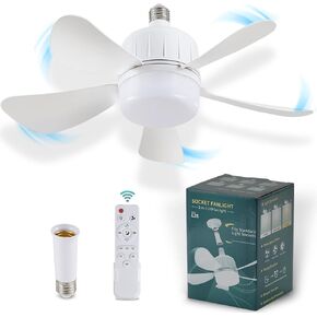 18" Socket Fan Light with Remote, Dimmable LED Ceiling Fans with Lights, Screw in Socekt Fans and 1 Socket Extender, 3 Colors 3000K-6500K, Replacement Light Bulb Fan for Kitchen Garage Bedroom, White