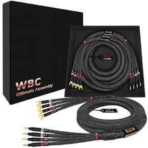 WORLDS BEST CABLES 6 Foot Ultimate - 9 AWG - Ultra-Pure OFC - Extra Premium Audiophile HiFi Bi-Amp Speaker Cable Pair with Eminence Gold Banana (x4) & Spade (x4) Plugs & Carbon Tweed Jacket