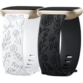 SNBLK 2 Pack Engraved Bands Only Compatible with Fitbit Versa 3/Fitbit Sense/Fitbit Versa 4/Fitbit Sense 2 Bands Four Models, Sunflower Rose Elegant Soft TPU Floral Pattern Replacement Strap Women