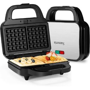 Samoris 3 in 1 Sandwich Maker Indoor Waffle Maker Irons with 6 Slice Non-Stick Removable Plates for Easy Cleanup,Perfect for Cooking Grilled Cheese,Tuna Melts,Burgers and Steaks,870W Black/Silver