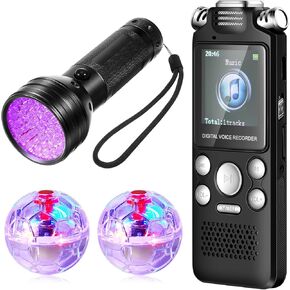 Dunzy 4 Pcs Ghost Hunting Equipment Kit Includes 1 Digital Voice Recorder 2 LED Light Up Pet Cat Ball and 1 UV Flashlight Black Light (16GB)