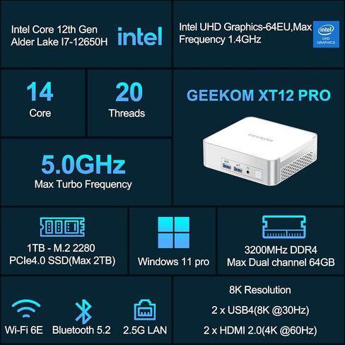 GEEKOM XT12 Pro Mini PC, 12th Gen Intel i7-12650H Mini Computers(10C/16T) 32GB DDR4/1TB PCIe 4 SSD Mini Desktop Computers with IceFlow 1.0 Cooling System, 8K/Quad Display/USB4.0/WiFi 6E/BT5.2/2.5G LAN in Saudi Arabia