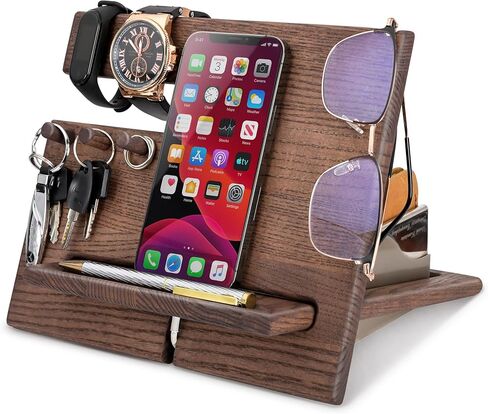 TESLYAR Wood Phone Docking Station Ash Hooks Key Holder Wallet Stand Watch Organizer Men Husband Wife Anniversary Dad Birthday Nightstand Purse Tablet Father Graduation Male in Saudi Arabia