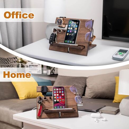 TESLYAR Wood Phone Docking Station Ash Hooks Key Holder Wallet Stand Watch Organizer Men Husband Wife Anniversary Dad Birthday Nightstand Purse Tablet Father Graduation Male in Saudi Arabia