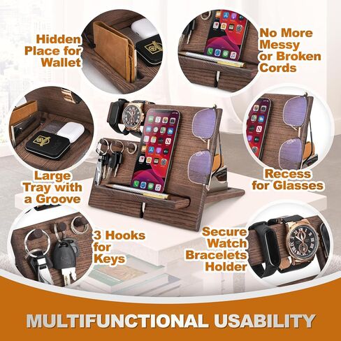 TESLYAR Wood Phone Docking Station Ash Hooks Key Holder Wallet Stand Watch Organizer Men Husband Wife Anniversary Dad Birthday Nightstand Purse Tablet Father Graduation Male in Saudi Arabia