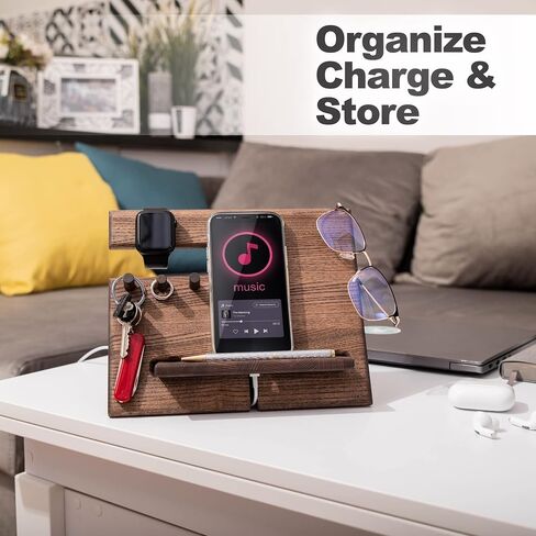 TESLYAR Wood Phone Docking Station Ash Hooks Key Holder Wallet Stand Watch Organizer Men Husband Wife Anniversary Dad Birthday Nightstand Purse Tablet Father Graduation Male in Saudi Arabia