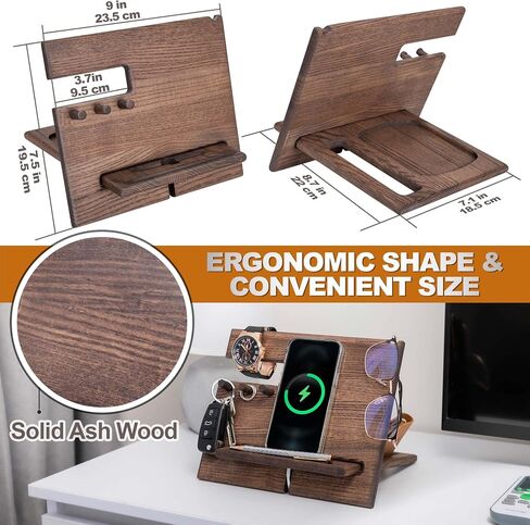 TESLYAR Wood Phone Docking Station Ash Hooks Key Holder Wallet Stand Watch Organizer Men Husband Wife Anniversary Dad Birthday Nightstand Purse Tablet Father Graduation Male in Saudi Arabia