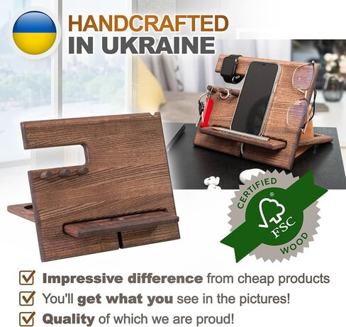 TESLYAR Wood Phone Docking Station Ash Hooks Key Holder Wallet Stand Watch Organizer Men Husband Wife Anniversary Dad Birthday Nightstand Purse Tablet Father Graduation Male in Saudi Arabia