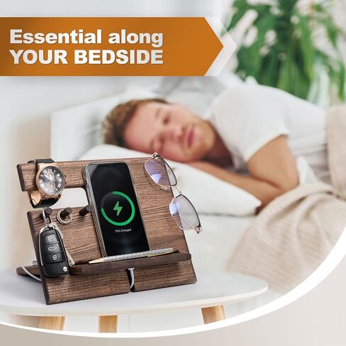 TESLYAR Wood Phone Docking Station Ash Hooks Key Holder Wallet Stand Watch Organizer Men Husband Wife Anniversary Dad Birthday Nightstand Purse Tablet Father Graduation Male in Saudi Arabia
