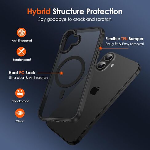 حافظة مغناطيسية ivoler لهاتف iPhone 16 Pro Max مقاس 6.9 بوصة [متوافقة مع Magsafe] [حماية من الدرجة العسكرية بطول 15 قدمًا] حافظة شاحن مغناطيسي لهاتف 16ProMax، غطاء هاتف خلفي شفاف بلوري - أسود غير لامع in Kuwait