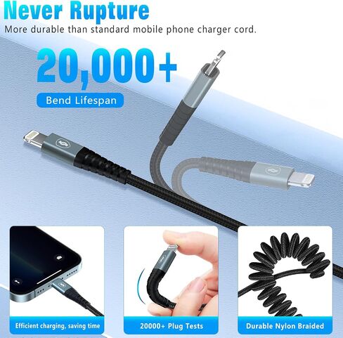 JUKEKUL Coiled Lightning Cable 3ft Nylon Braided, iPhone Charger Fast Charging for Car [Apple MFi Certified], Compatible with iPhone14/13/12/11 Pro Max/XS MAX/XR/XS/X/8/7/Plus/6S iPad/iPod-2Pack in Saudi Arabia