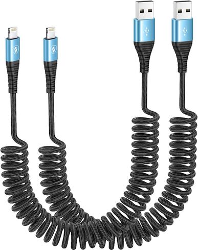 JUKEKUL Coiled Lightning Cable 3ft Nylon Braided, iPhone Charger Fast Charging for Car [Apple MFi Certified], Compatible with iPhone14/13/12/11 Pro Max/XS MAX/XR/XS/X/8/7/Plus/6S iPad/iPod-2Pack in Saudi Arabia