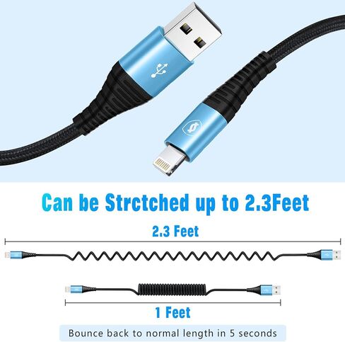 JUKEKUL Coiled Lightning Cable 3ft Nylon Braided, iPhone Charger Fast Charging for Car [Apple MFi Certified], Compatible with iPhone14/13/12/11 Pro Max/XS MAX/XR/XS/X/8/7/Plus/6S iPad/iPod-2Pack in Saudi Arabia