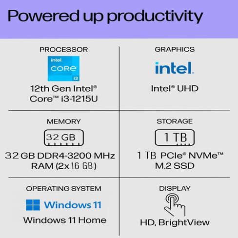 كمبيوتر محمول HP 15 (شاشة لمس عالية الدقة مقاس 15.6 بوصة، Intel Core i3-1215U (> i5-1235U)، ذاكرة وصول عشوائي سعتها 16 جيجابايت، محرك أقراص SSD سعة 512 جيجابايت) للمنزل والأعمال، عمر بطارية 11 ساعة، Numpad، كاميرا ويب، Wi-Fi، IST Hub، Win 11 وضع Home S مع in Saudi Arabia