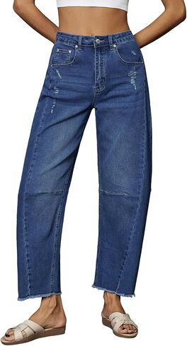 Genleck Barrel Jeans Women Wide Leg Vintage Baggy Ripped JeansY2k Boyfriend Denim Pants in Kuwait