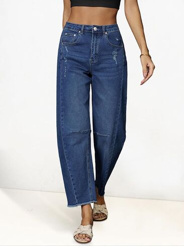 Genleck Barrel Jeans Women Wide Leg Vintage Baggy Ripped JeansY2k Boyfriend Denim Pants in Kuwait