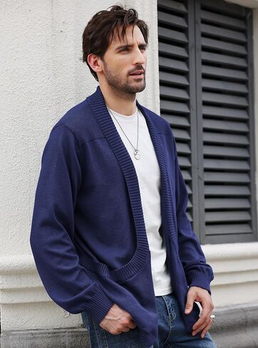 سترة صوفية متماسكة بأكمام طويلة وياقة شال للرجال مفتوحة من الأمام مع جيوب in Kuwait