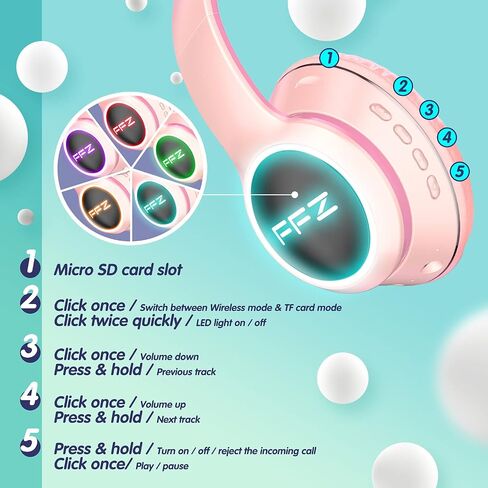 FFZ Kids Headphones Wireless, K21 Colorful LED Lights Kids Bluetooth Headphones-V5.0, with Built-in Microphone, Foldable Headset & Soft Earpads for School Car Airplane Ipad (Blue) in Saudi Arabia