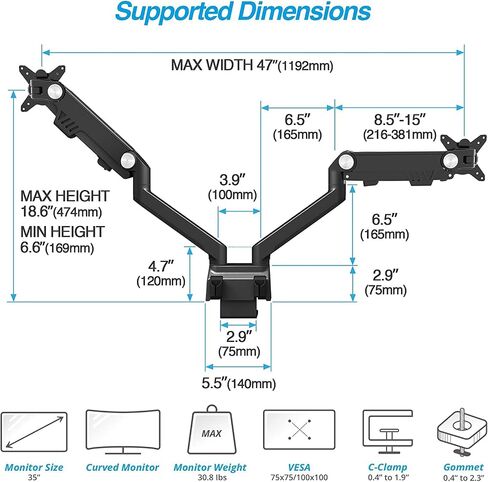AVLT Dual 17"-35" Monitor Arm Desk Mount fits Two Flat/Curved Monitor Full Motion Height Swivel Tilt Rotation Adjustable Monitor Arm - VESA/C-Clamp/Grommet/Cable Management in Saudi Arabia