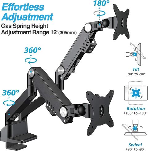 AVLT Dual 17"-35" Monitor Arm Desk Mount fits Two Flat/Curved Monitor Full Motion Height Swivel Tilt Rotation Adjustable Monitor Arm - VESA/C-Clamp/Grommet/Cable Management in Saudi Arabia