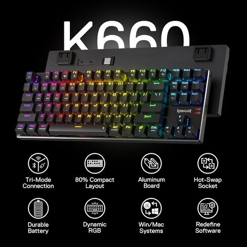 Redragon K660RGB-PRO (K556 TKL) Wireless Gaming Keyboard, 80% 87 Keys BT/2.4Ghz Tri-Mode Aluminum Mechanical Keyboard w/Mac Function Keys, Hot-Swap Sockets & Noise Absorbing Form, Red Switch in Kuwait