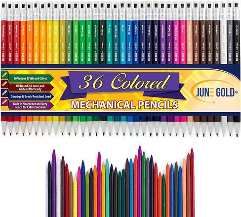 June Gold 36 Assorted Colored 2.0 mm Mechanical Pencils with 36 Unique Color Leads, 36 Extra Refills, 2 Independent Sharpeners, Color Name is Printed on Each Pencil Barrel, Built in Rear Sharpener in Kuwait