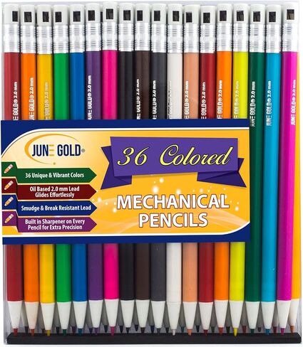 June Gold 36 Assorted Colored 2.0 mm Mechanical Pencils with 36 Unique Color Leads, 36 Extra Refills, 2 Independent Sharpeners, Color Name is Printed on Each Pencil Barrel, Built in Rear Sharpener in Kuwait