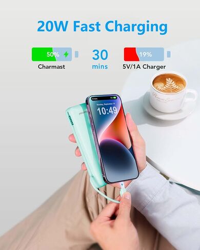 Charmast Portable Charger with Built-in Cables and Wall Plug, 20000mAh 20W USB C Power Bank Fast Charging Battery Pack Compatible with iPhone iPhone 16/15/14/13 Series, Samsung Google iPad etc in Saudi Arabia