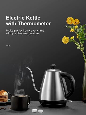 Electric Gooseneck Kettle with Coffee Dripper, Pour Over Coffee Kettle for Coffee & Tea, Hot Water Boiler with Thermometer, Stainless Steel, Auto Shut-off, 1000W/1L in Saudi Arabia