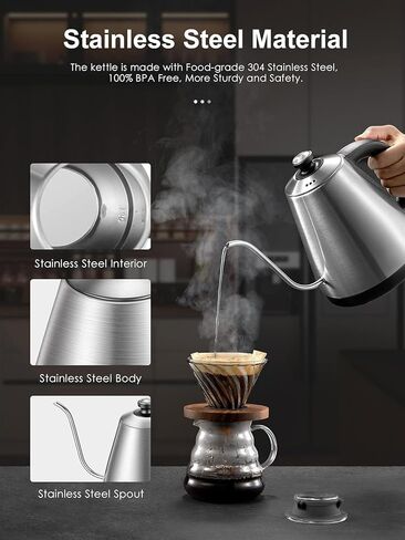 Electric Gooseneck Kettle with Coffee Dripper, Pour Over Coffee Kettle for Coffee & Tea, Hot Water Boiler with Thermometer, Stainless Steel, Auto Shut-off, 1000W/1L in Saudi Arabia