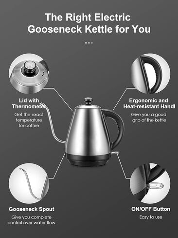 Electric Gooseneck Kettle with Coffee Dripper, Pour Over Coffee Kettle for Coffee & Tea, Hot Water Boiler with Thermometer, Stainless Steel, Auto Shut-off, 1000W/1L in Saudi Arabia