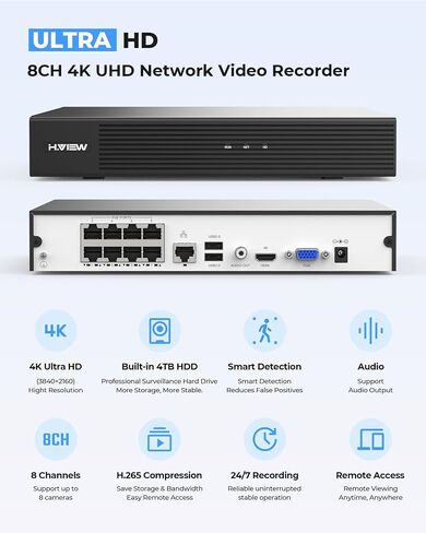 H.VIEW 4K Home Security Camera System Kits 8mp 6 Pcs IP Poe Dome CCTV Camera for House Security System Indoor Outdoor Weatherproof 8 Channel 4K NVR Record Video with Audio 4TB HDD in Kuwait
