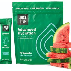 Just Live Advanced Hydration - Sour Watermelon, Electrolyte Drink Mix, Tart Cherry Extract, Supports Recovery & Absorption, Low Sugar, 14 Pack in Saudi Arabia