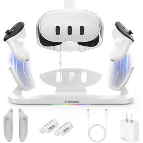 HiBloks Charging Dock for Meta Quest 3 Accessories, 18W Fast Magnetic Charging Station for Oculus Quest 3 and Controllers with 2 Rechargeable Batteries, Wireless Charging & Colorful RGB Light