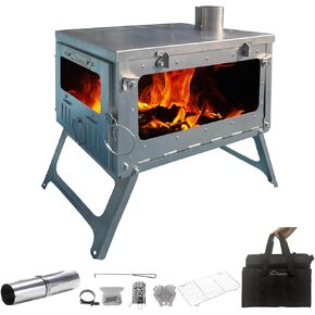 DANCHEL OUTDOOR TSG Foldable TA1 Titanium Tent Stove with Side Glass Ultralight, Small Wood Stove Burning Camping with Spark Arrestor Portable, 6.6lbs