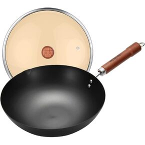 WANGYUANJI Carbon Steel Wok Pan, 12" Woks and Stir Fry Pans with Lid,No Chemical Coated Iron Wok for Induction, Electric, Gas, Halogen All Stoves-Practical Iron Wok