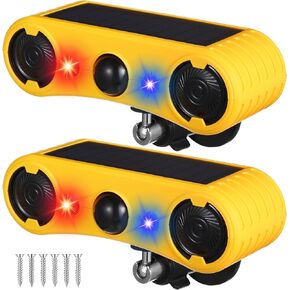 Qualirey Solar Outdoor Motion Sensor Alarm 2 x 129db Loud Noise Maker 13 Sound Detector Strobe Light, 4 Modes Animal Deterrent Dog Barking Alarm Mount on Ground or Fence for Garden Yard(4 Pack)