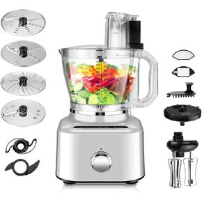Homtone 16 Cup Food Processor, Aluminum-Diecast Food Processors, 5 Preset Modes Vegetable Chopper Electric, 8 Blades 11 Functions for Home Use, Stepless Speed Control, 650W, Sliver
